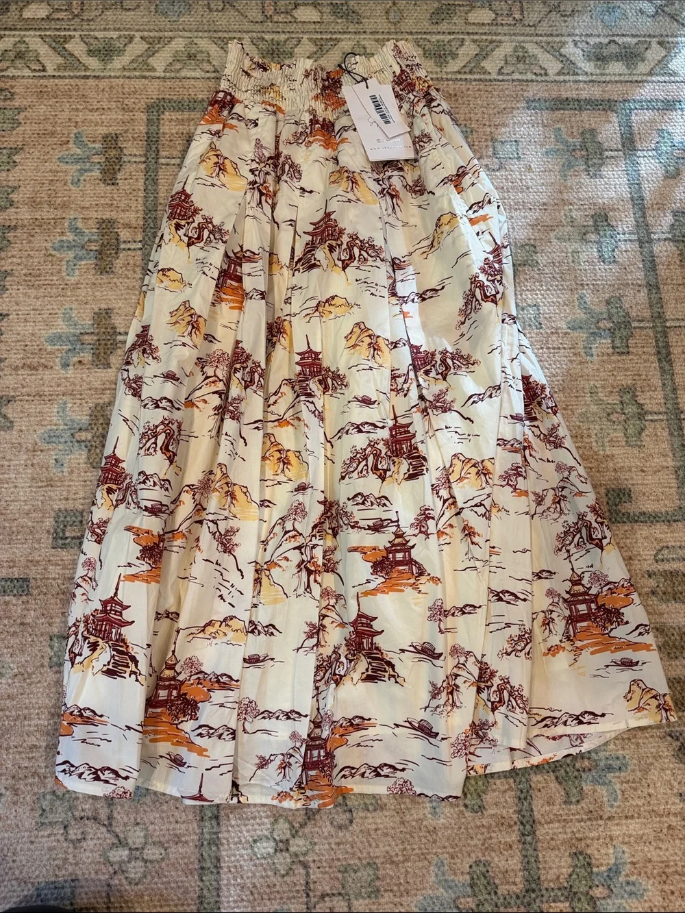 Buru Smocked Waist Midi Skirt Chinoiserie Print | NWT Size Small - Picture 1 of 3